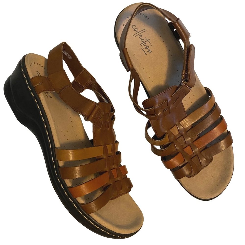 Clarks Collection Lexi Bridge Leather Brown Tan Strappy Sandals Womens 10M
